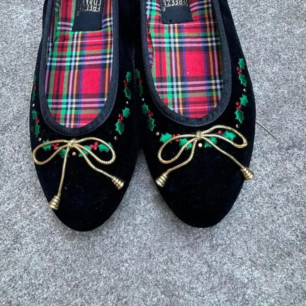 Vintage‎ Ballet Flats Kids Size 2.5 Velvet Freeze Frame Holly Gold Bow Coquette